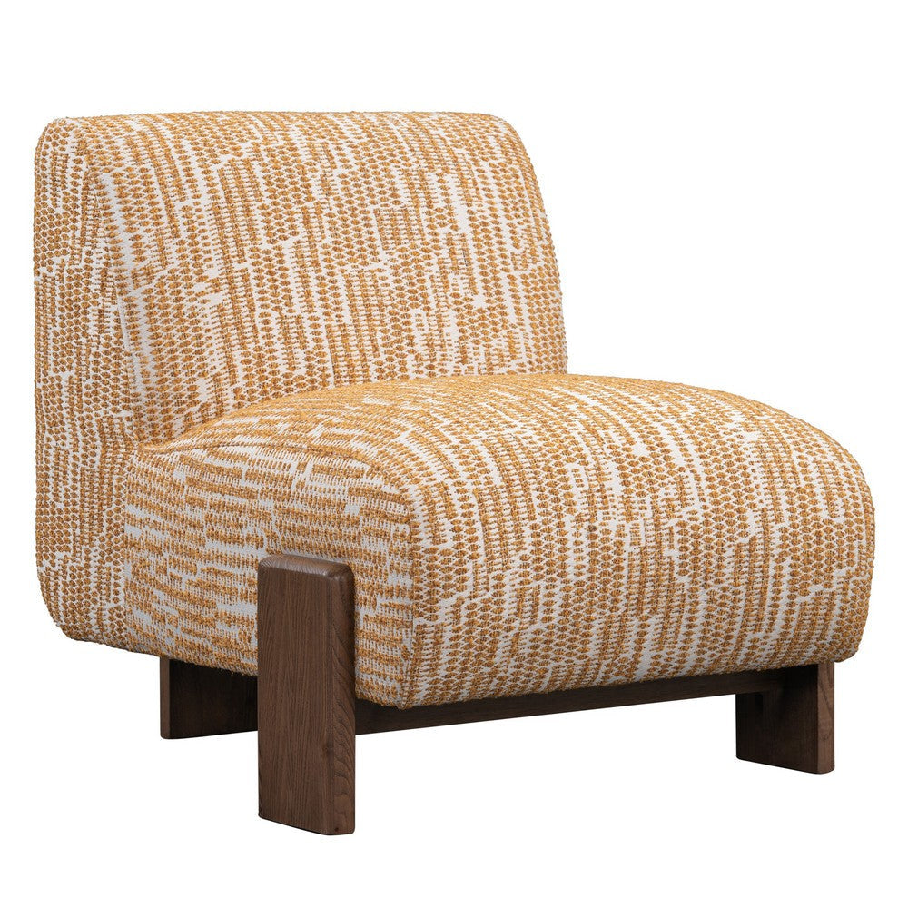 Lse 34 Inch Accent Chair, Gold Polyester Upholstery, Brown Solid Ash Wood  By Casagear Home