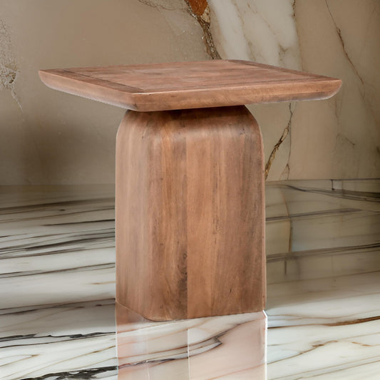 Loe 22 Inch Side End Table, Square Top with Pedestal Base, Solid Mango Wood By Casagear Home