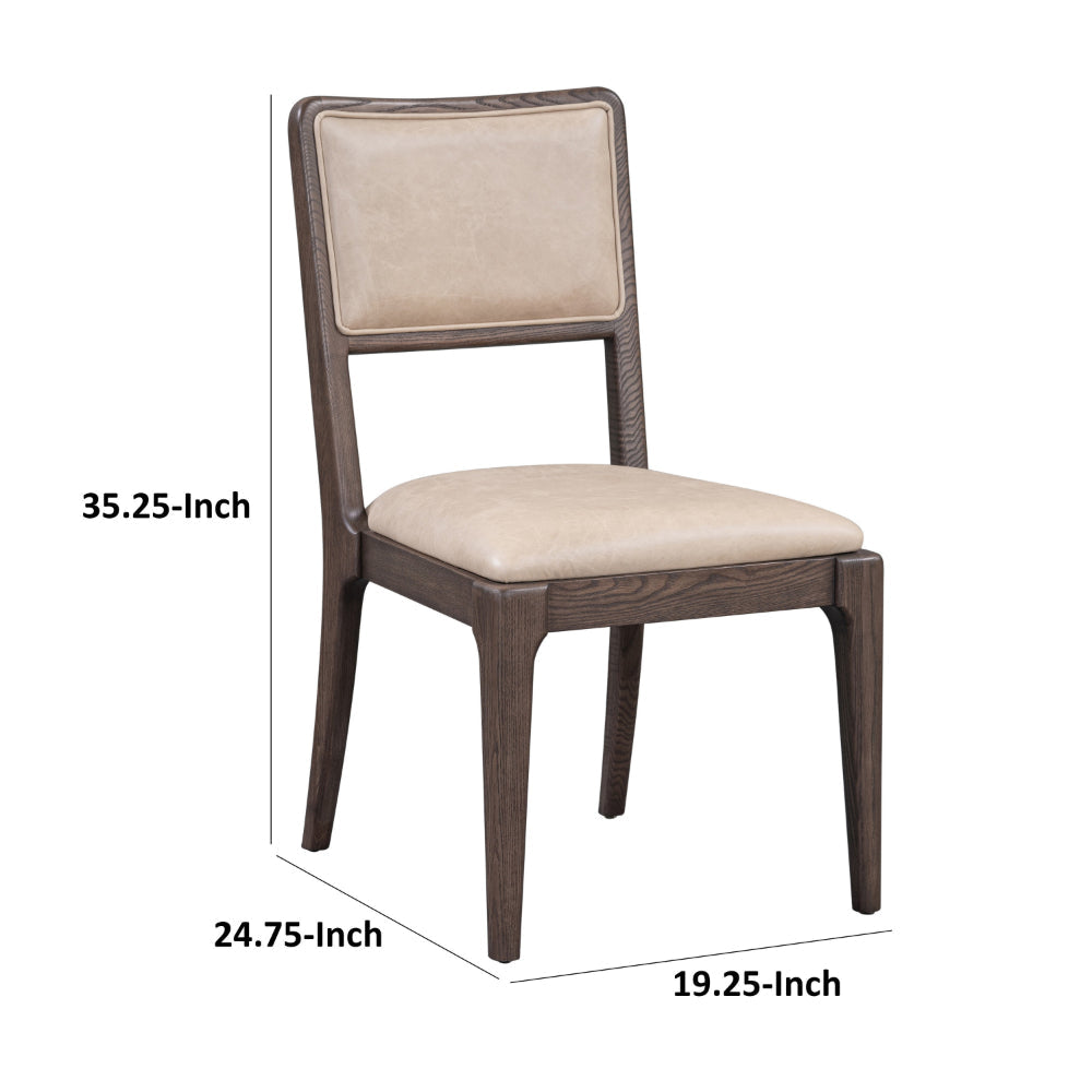 Ese 25 Inch Dinning Chair Beige Real Leather Open Style Brown Solid Wood By Casagear Home BM314750