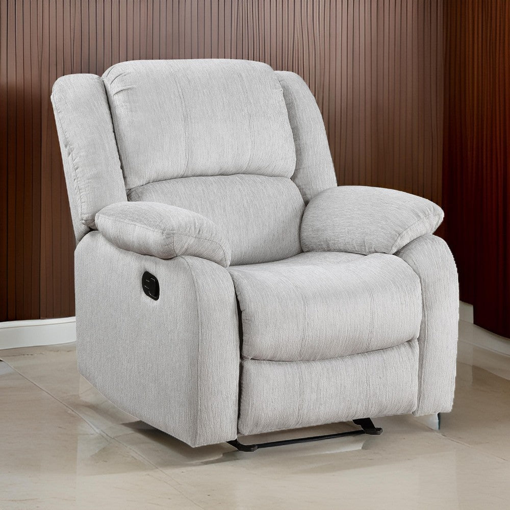 Chris 38 Inch Manual Glider Recliner Chair Solid Wood Light Gray Chenille By Casagear Home BM314756