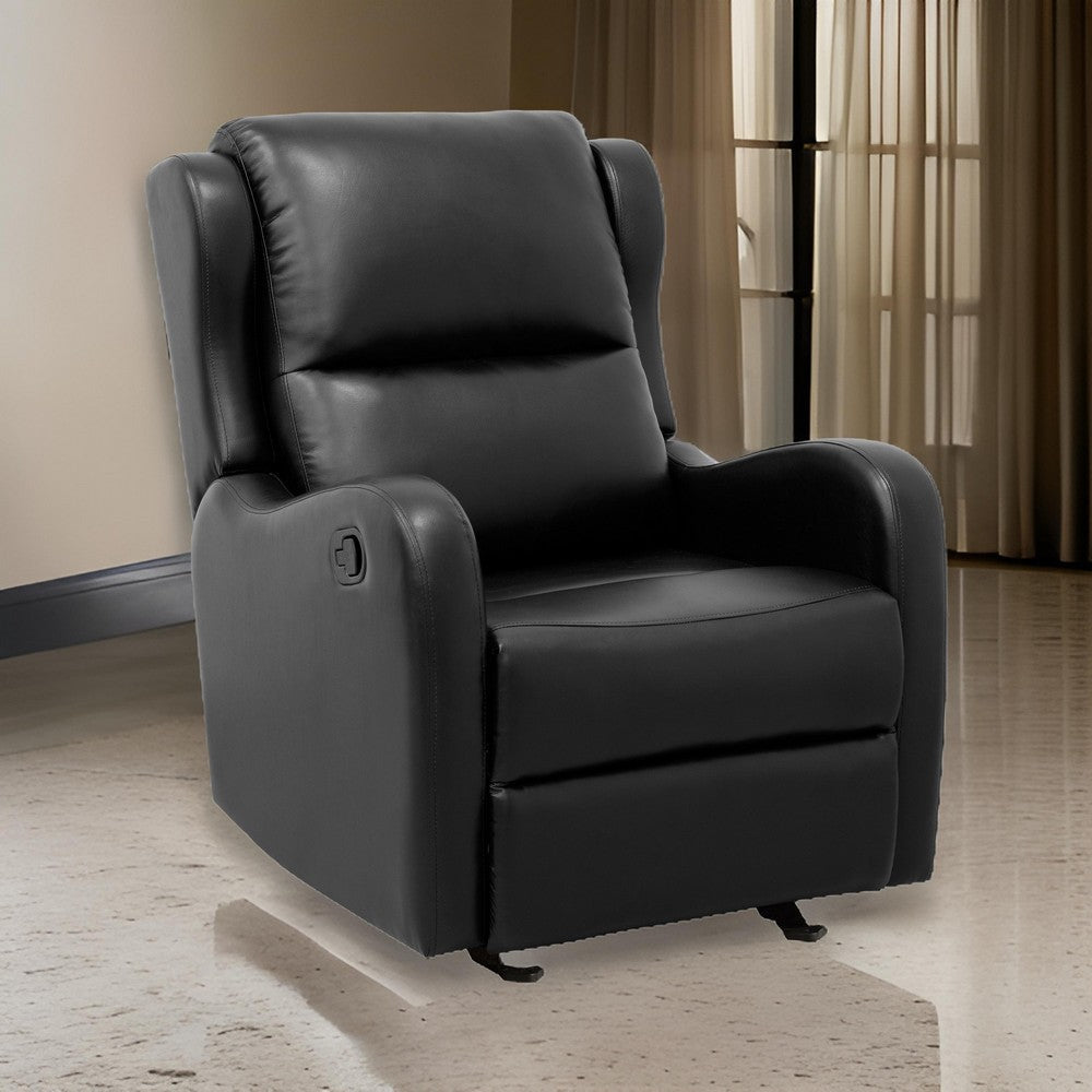 Kim 39 Inch Glider Manual Recliner Chair Black Faux Leather Solid Wood By Casagear Home BM314759