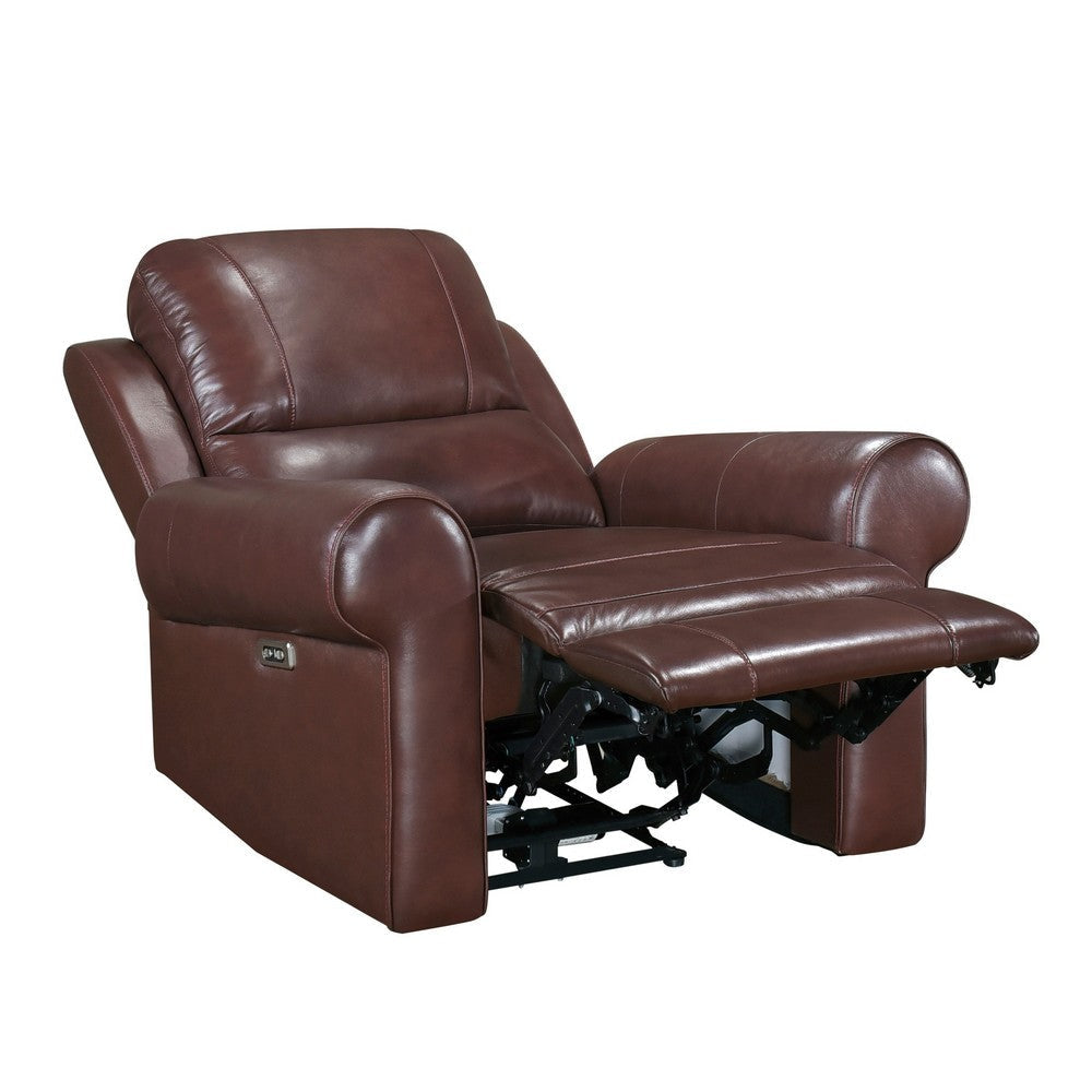 Michael 39 Inch Power Recliner Chair USB Port Brown Top Grain Leather By Casagear Home BM314767