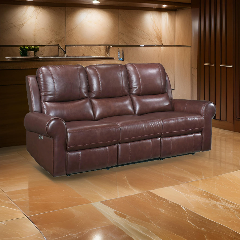 Michael 82 Inch Power Dual Recliner Sofa, USB, Brown Top Grain Leather By Casagear Home