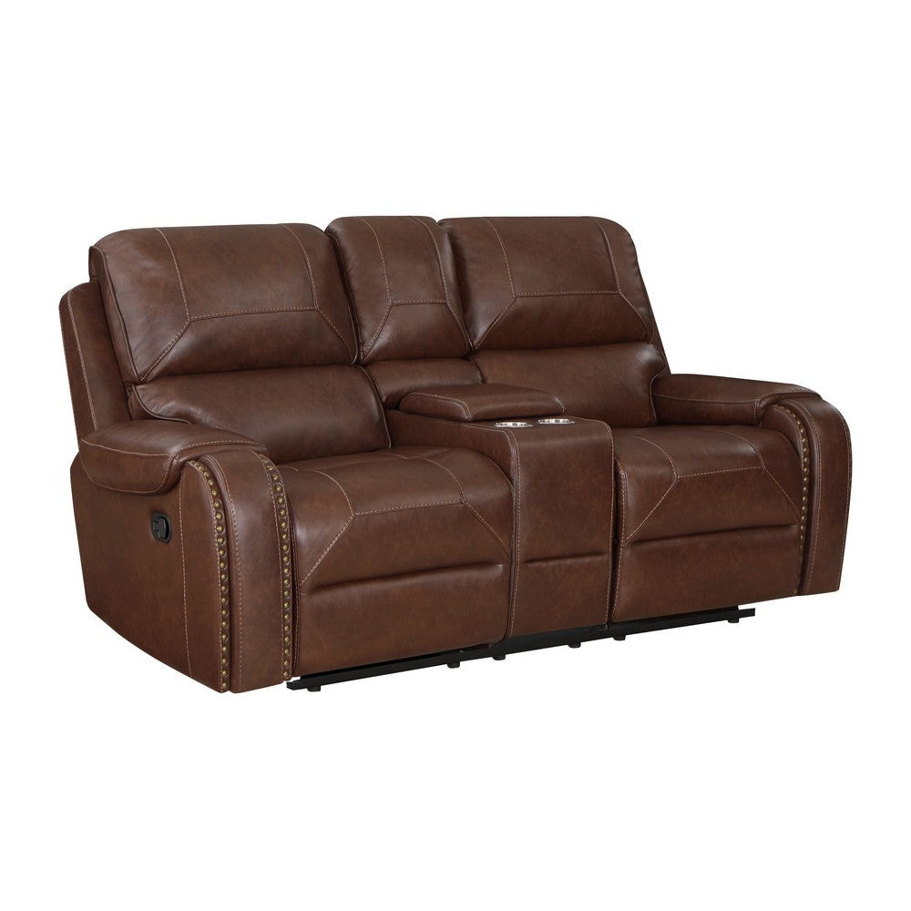 Dean 76 Inch Dual Manual Recliner Loveseat, Cupholders, Brown Faux Leather By Casagear Home