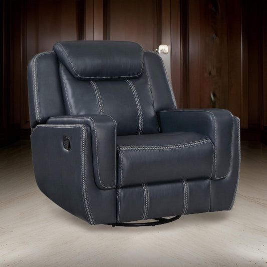 Louise 40 Inch Swivel Glider Manual Recliner Chair Blue Faux Leather By Casagear Home BM314781