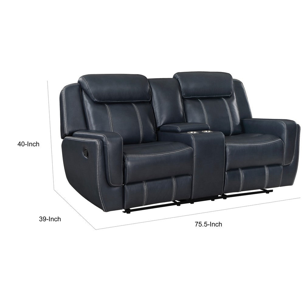 Louise 76 Inch Dual Manual Recliner Loveseat Cupholder Blue Faux Leather By Casagear Home BM314782