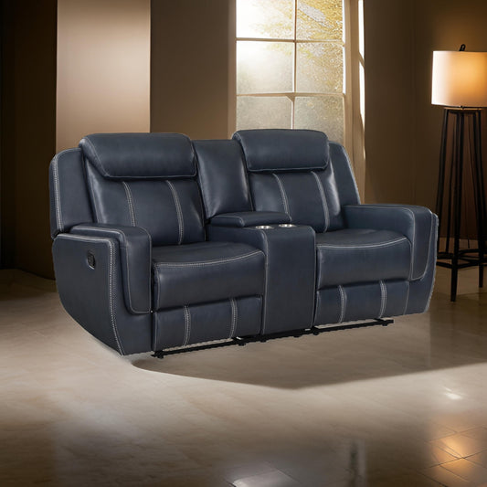 Louise 76 Inch Dual Manual Recliner Loveseat, Cupholder, Blue Faux Leather By Casagear Home