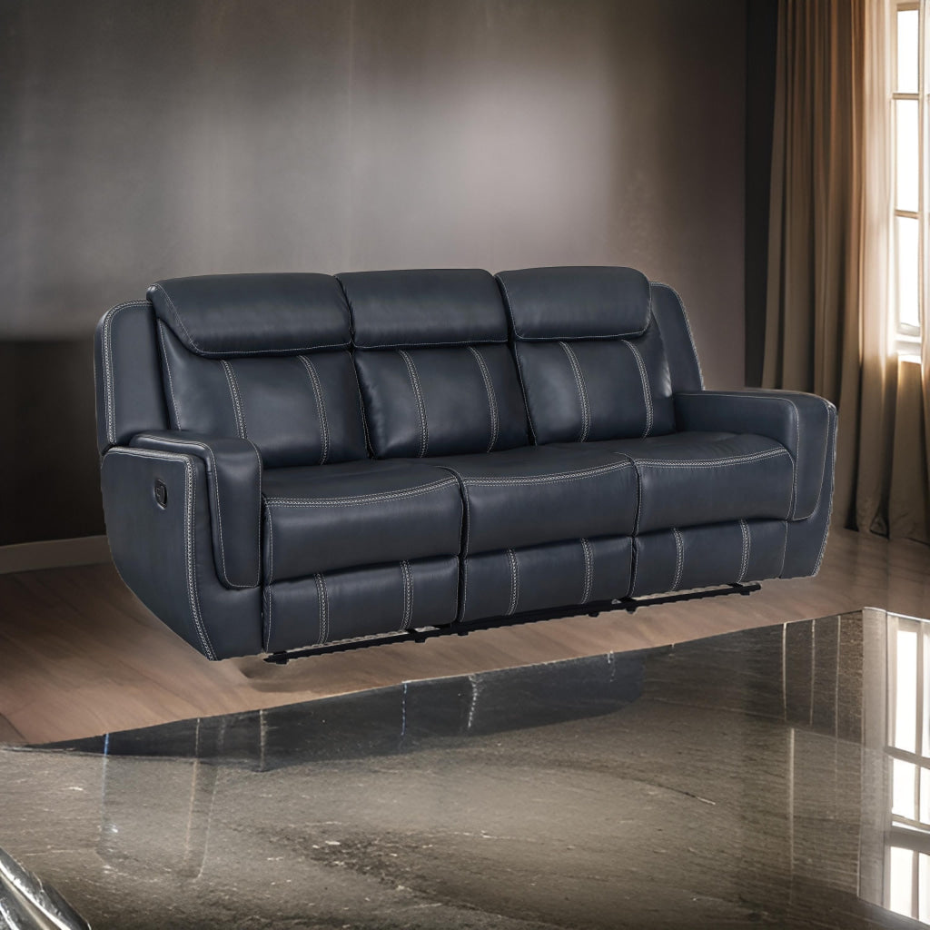 Louise 86 Inch Dual Manual Recliner Blue Faux Leather Sofa, Drop Down Table By Casagear Home