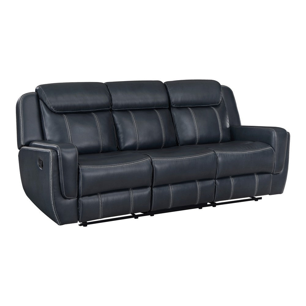 Louise 86 Inch Dual Manual Recliner Blue Faux Leather Sofa, Drop Down Table By Casagear Home