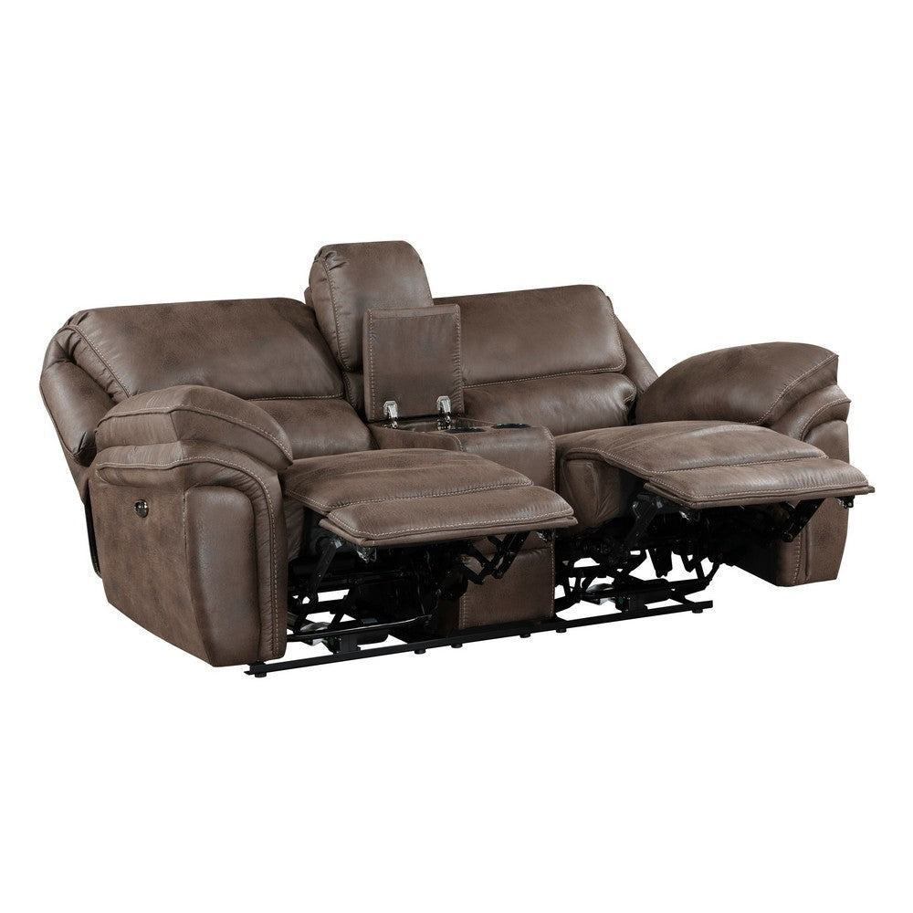 Tony 80 Inch Power Double Recliner Loveseat Console Cupholders USB Brown By Casagear Home BM314790