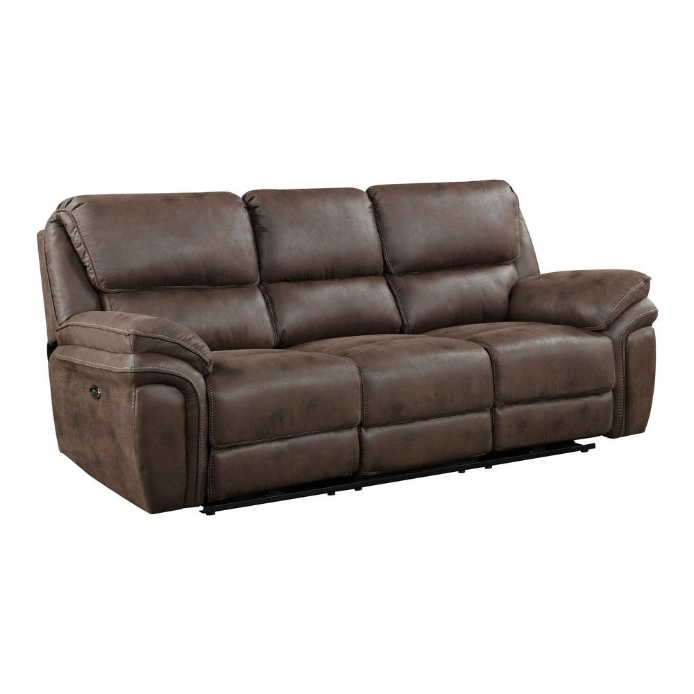 Tony 90 Inch Power Double Recliner Sofa, USB Charging Port Brown Microfiber By Casagear Home