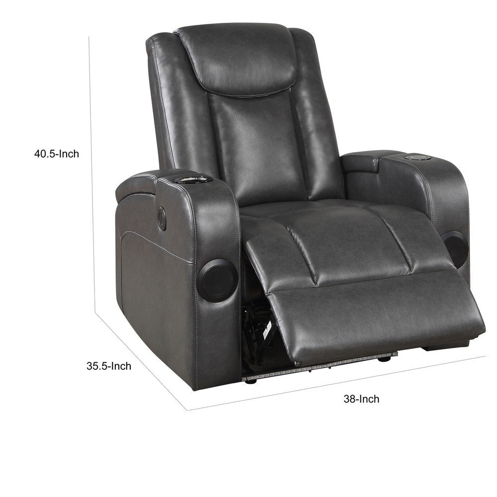 Emily 38 Inch Power Recliner Chair, Cooling Cupholder, LED, Gray PU Leather By Casagear Home