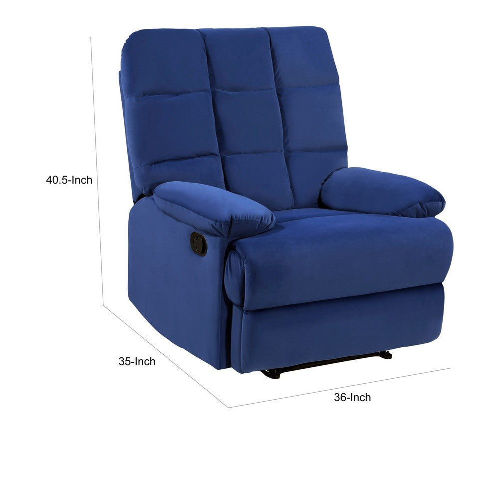 Patty 36 Inch Manual Recliner Chair Cushioned Blue Velvet Solid Wood By Casagear Home BM314797