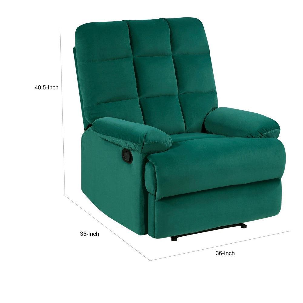 Patty 36 Inch Manual Recliner Chair Cushioned Green Velvet Solid Wood By Casagear Home BM314798