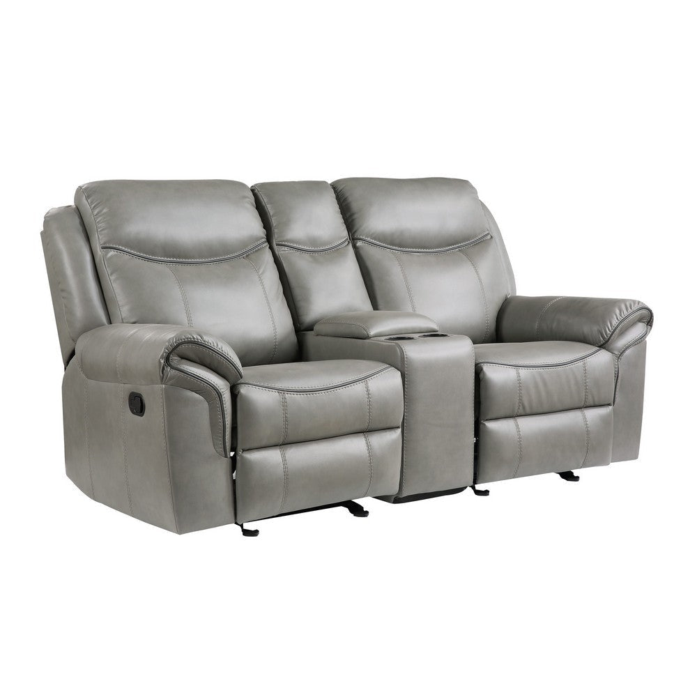 Max 80 Inch Dual Manual Recliner Loveseat, Cupholders, Gray Faux Leather By Casagear Home