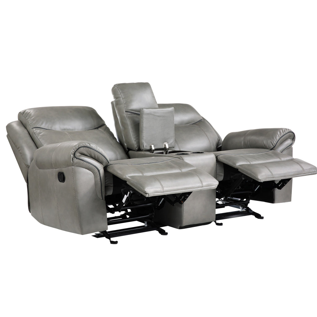 Max 80 Inch Dual Manual Recliner Loveseat Cupholders Gray Faux Leather By Casagear Home BM314805