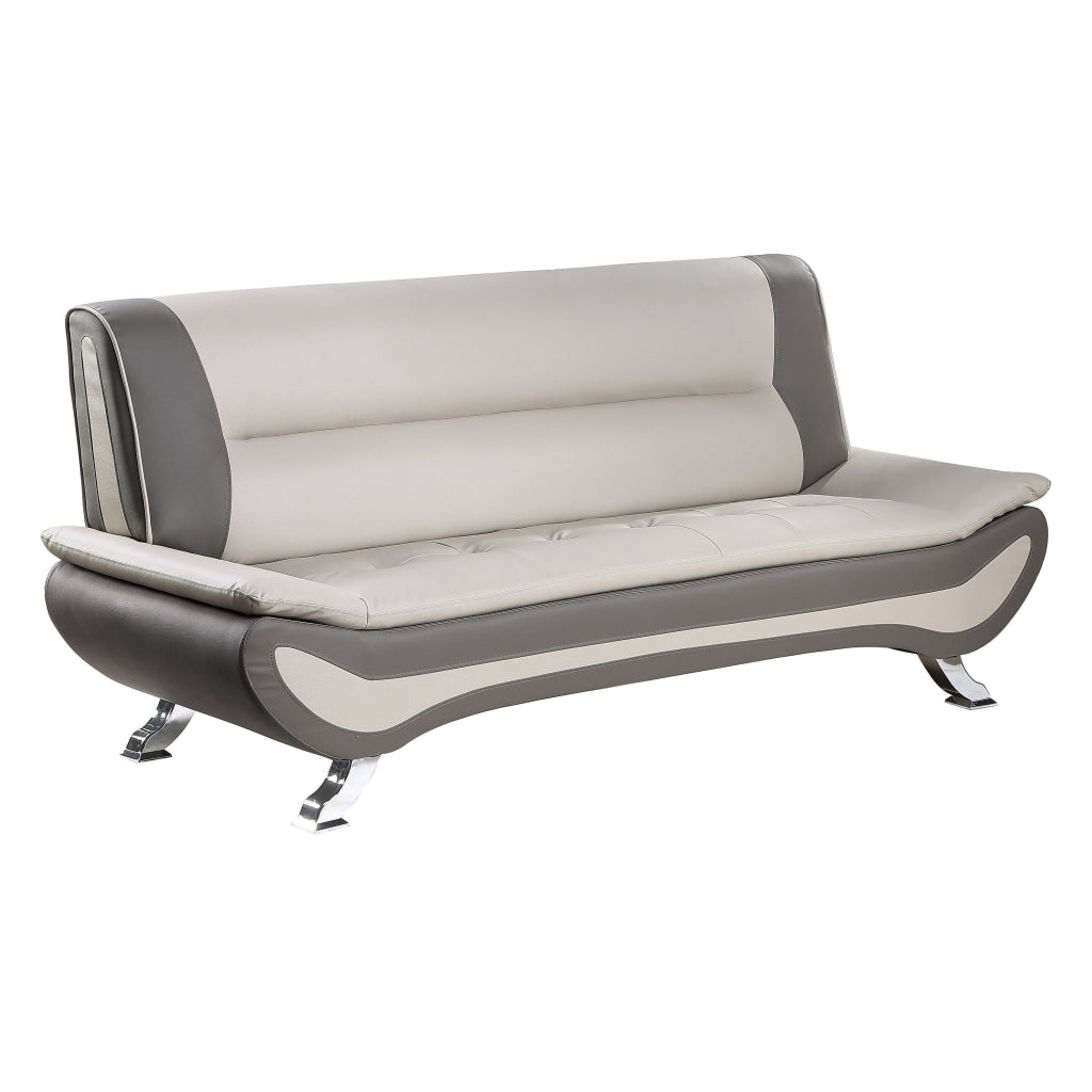 Elle 78 Inch Sofa, Beige, Gray Faux Leather, Metal Legs, Solid Wood Frame By Casagear Home