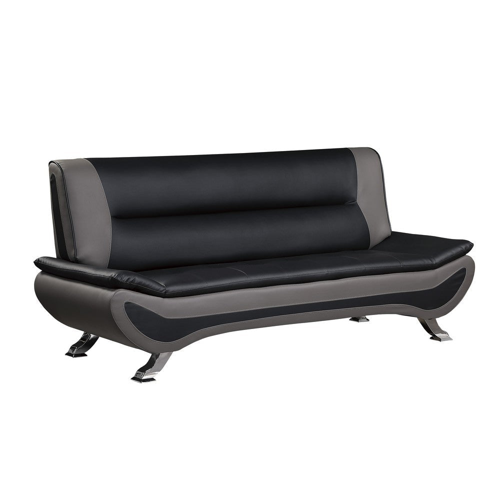 Elle 78 Inch Sofa, Black, Gray Faux Leather, Metal Legs, Solid Wood Frame By Casagear Home