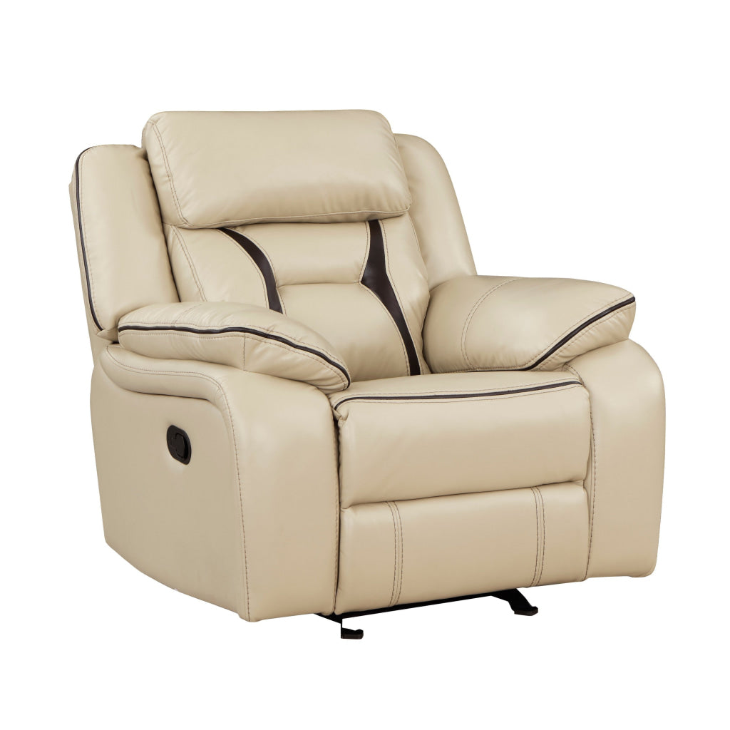 Millie 40 Inch Manual Recliner Chair Beige Faux Leather Solid Wood Metal By Casagear Home BM314815