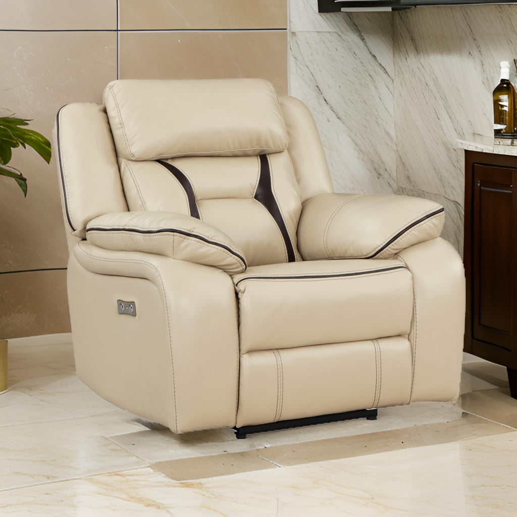 Millie 40 Inch Power Recliner Chair, Beige Faux Leather, Solid Wood, Metal By Casagear Home