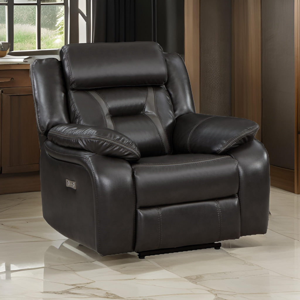 Millie 40 Inch Power Recliner Chair, Dark Gray Faux Leather, Solid Wood By Casagear Home