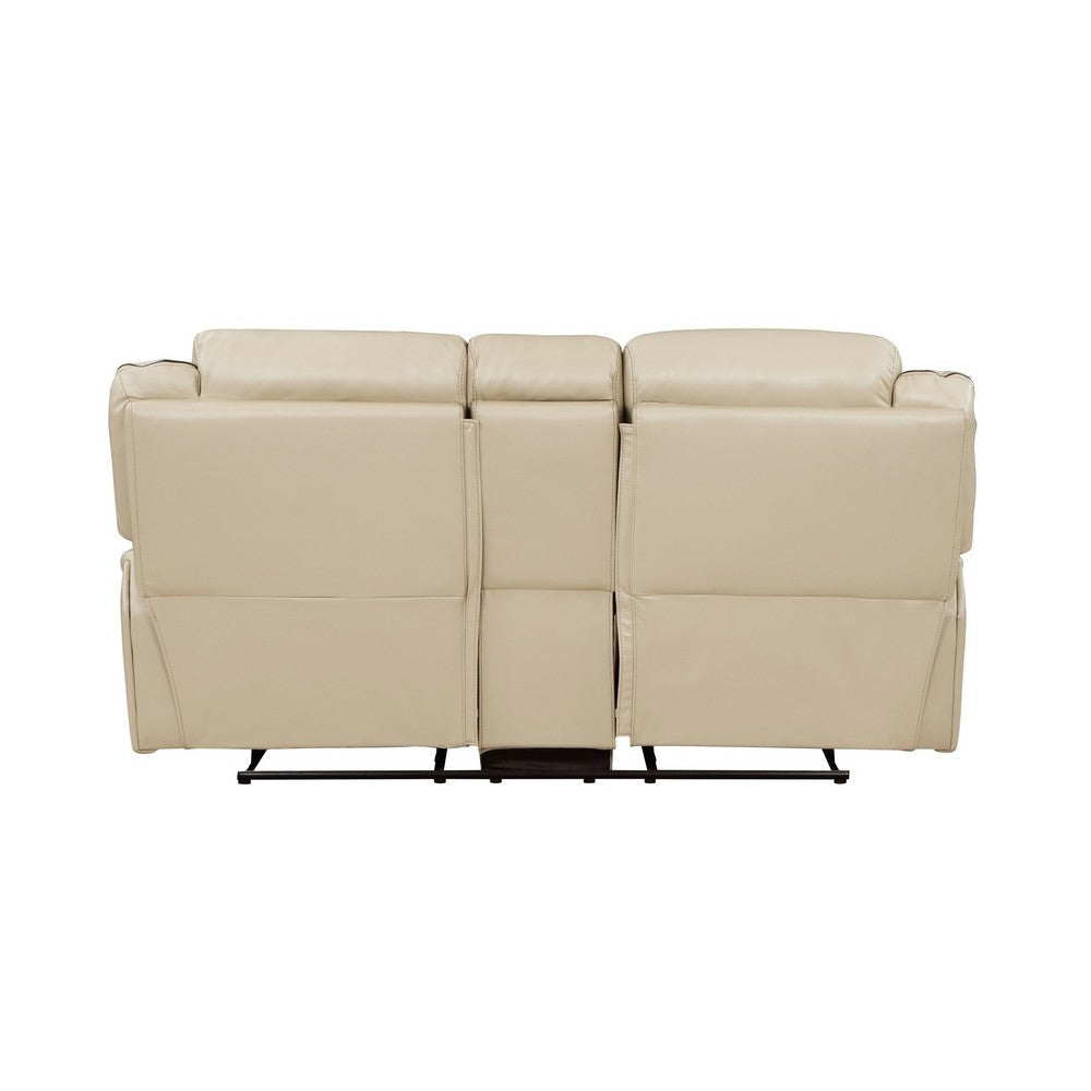 Millie 76 Inch Manual Dual Recliner Loveseat Cupholder Beige Faux Leather By Casagear Home BM314819