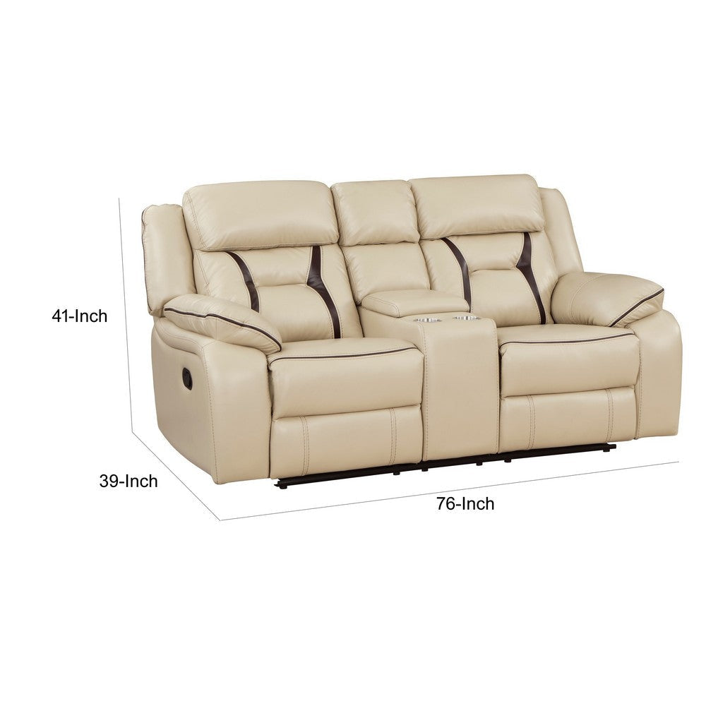 Millie 76 Inch Manual Dual Recliner Loveseat Cupholder Beige Faux Leather By Casagear Home BM314819