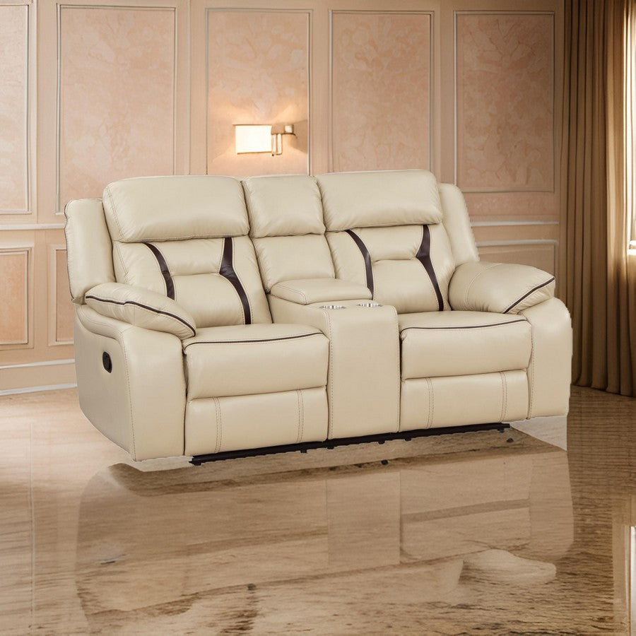 Millie 76 Inch Manual Dual Recliner Loveseat Cupholder Beige Faux Leather By Casagear Home BM314819