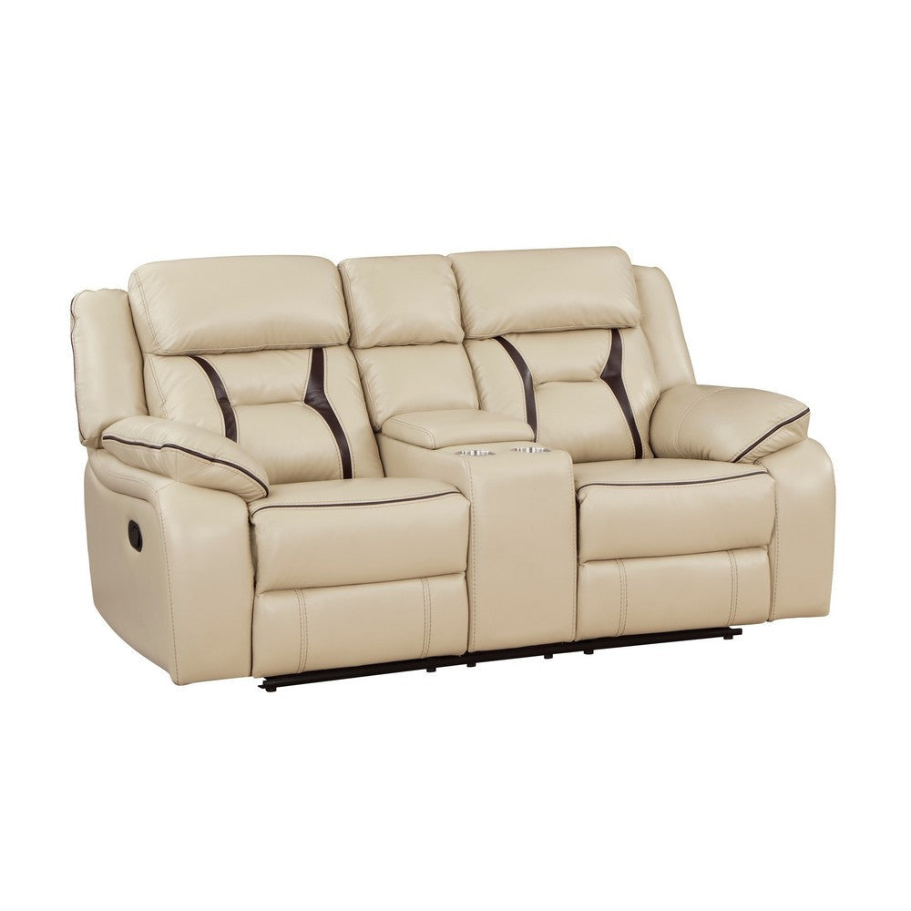 Millie 76 Inch Manual Dual Recliner Loveseat, Cupholder, Beige Faux Leather By Casagear Home