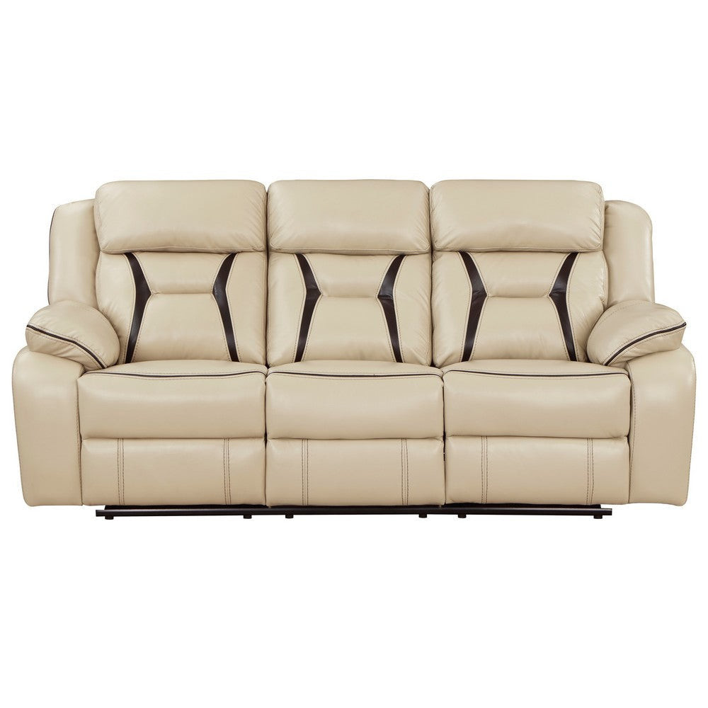 Millie 86 Inch Manual Dual Recliner Sofa Cushioned Beige Faux Leather By Casagear Home BM314823