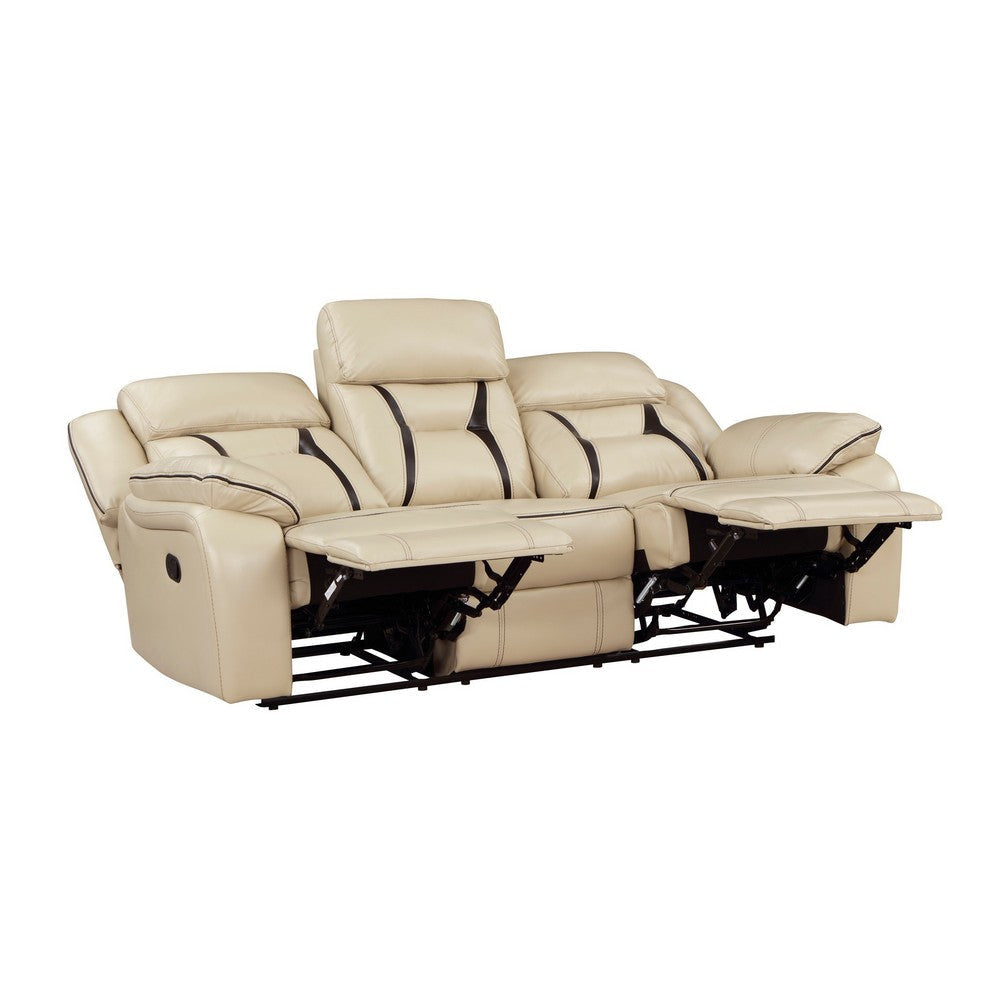 Millie 86 Inch Manual Dual Recliner Sofa Cushioned Beige Faux Leather By Casagear Home BM314823