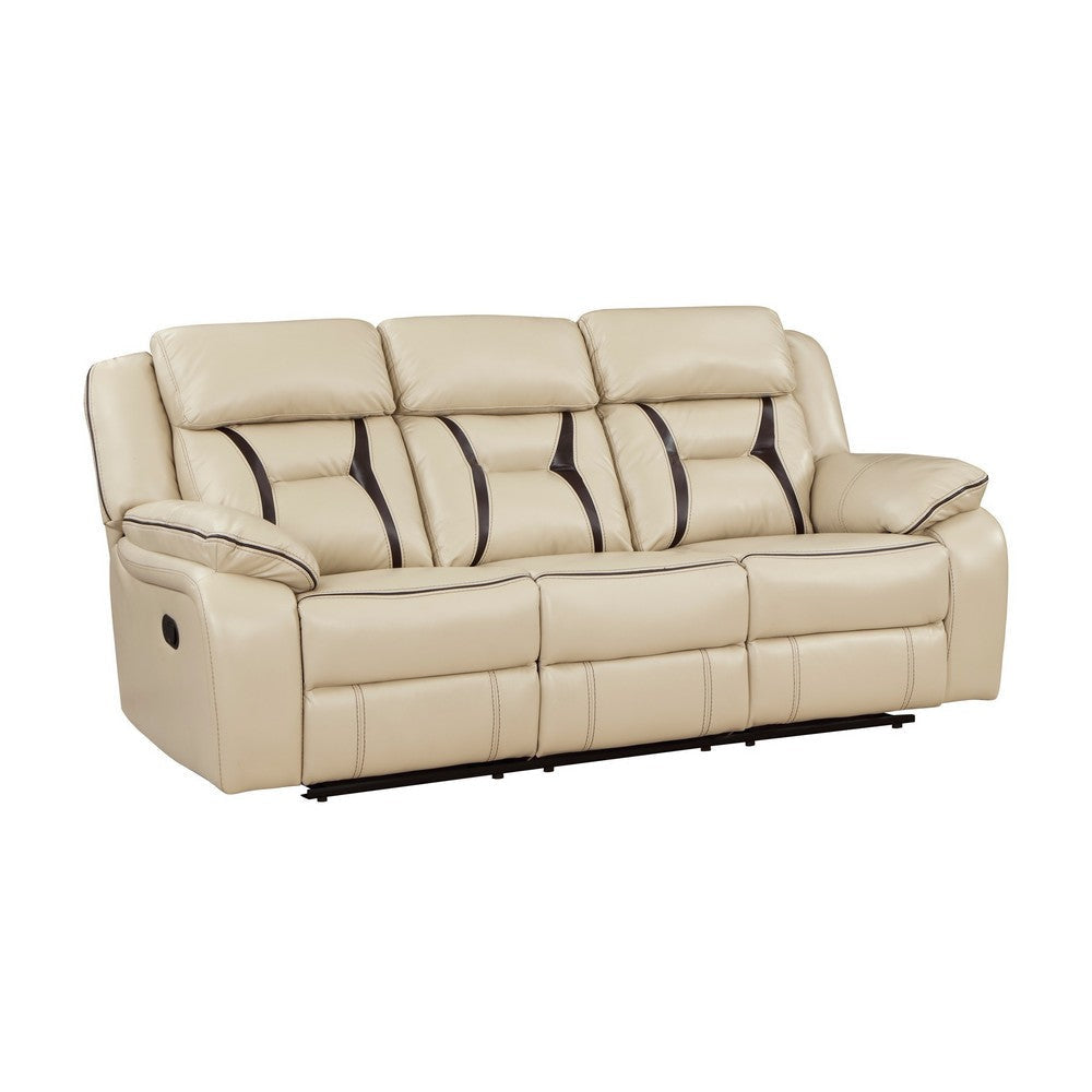 Millie 86 Inch Manual Dual Recliner Sofa, Cushioned, Beige Faux Leather By Casagear Home