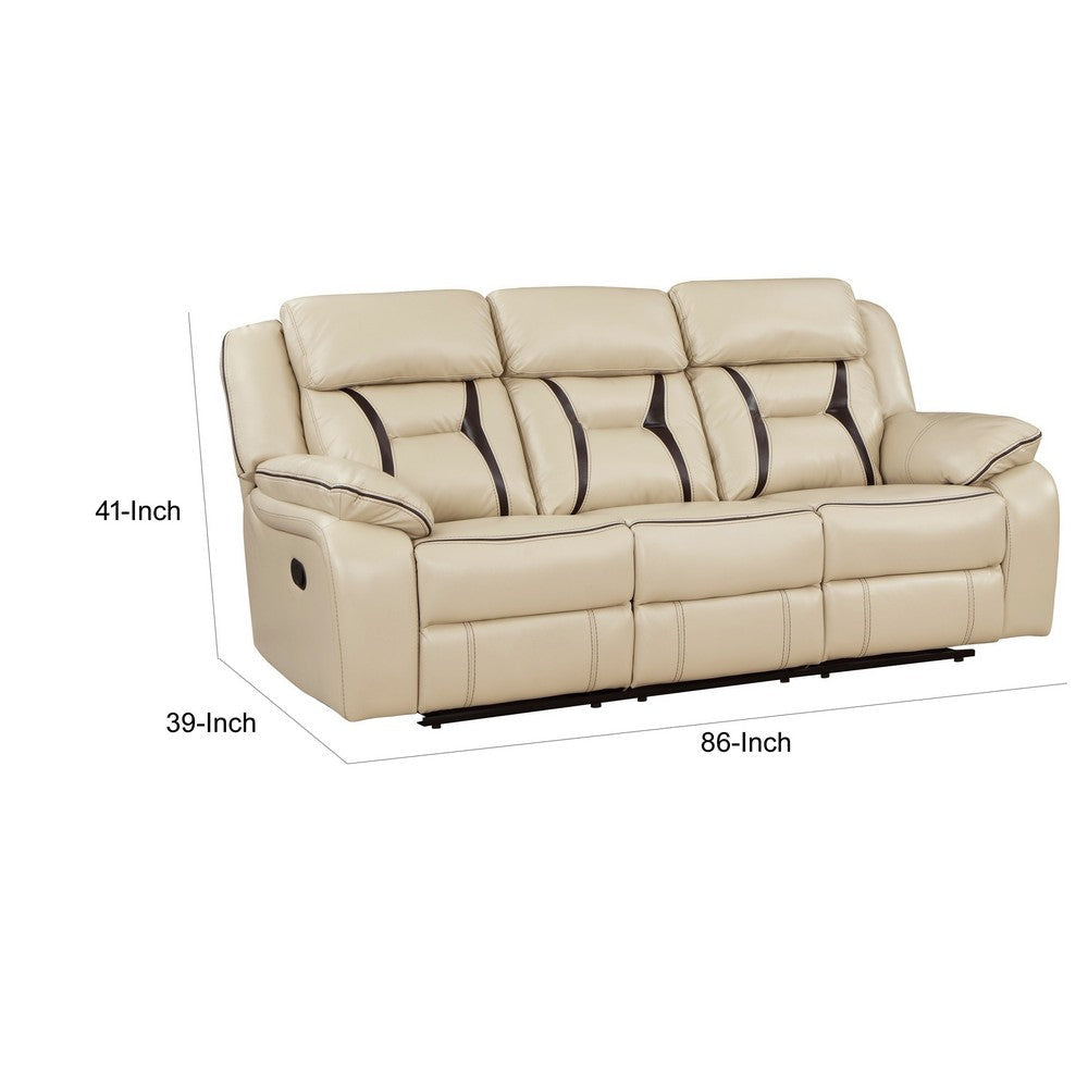 Millie 86 Inch Manual Dual Recliner Sofa Cushioned Beige Faux Leather By Casagear Home BM314823