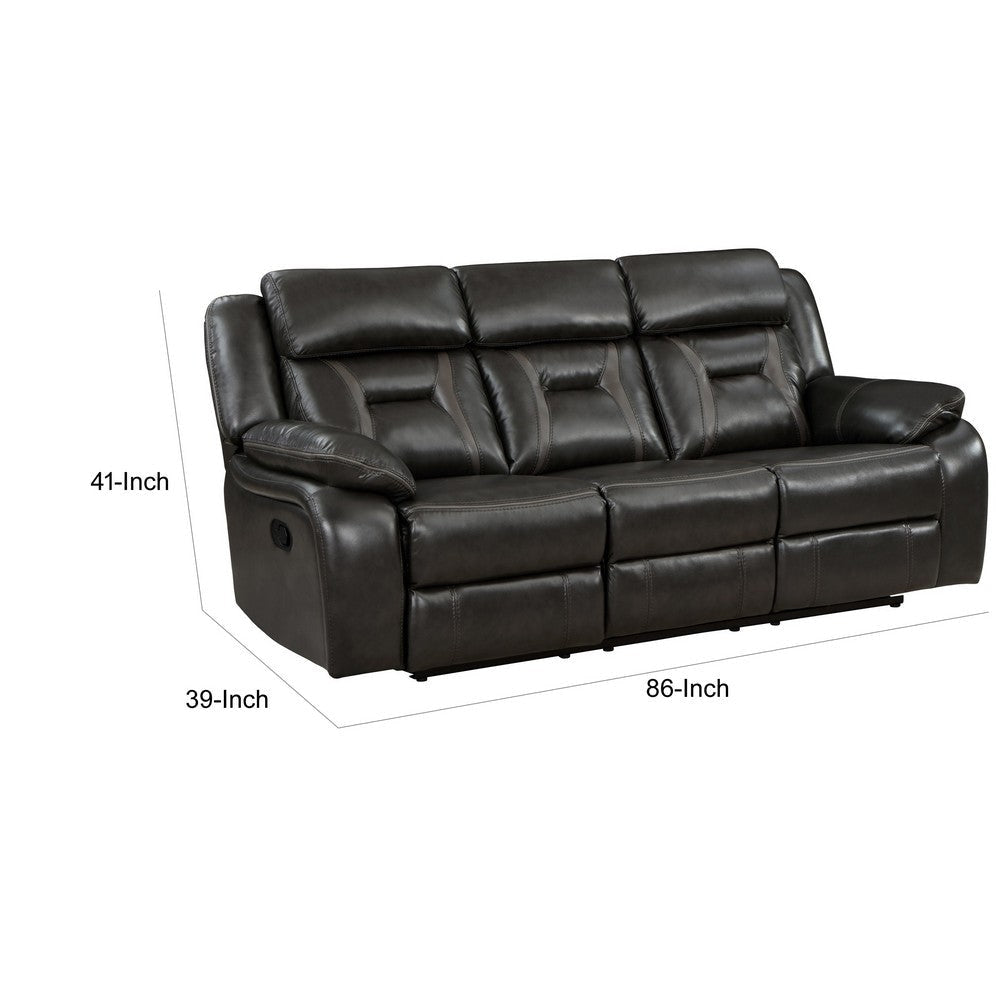 Millie 86 Inch Manual Dual Recliner Sofa Cushioned Dark Gray Faux Leather By Casagear Home BM314824