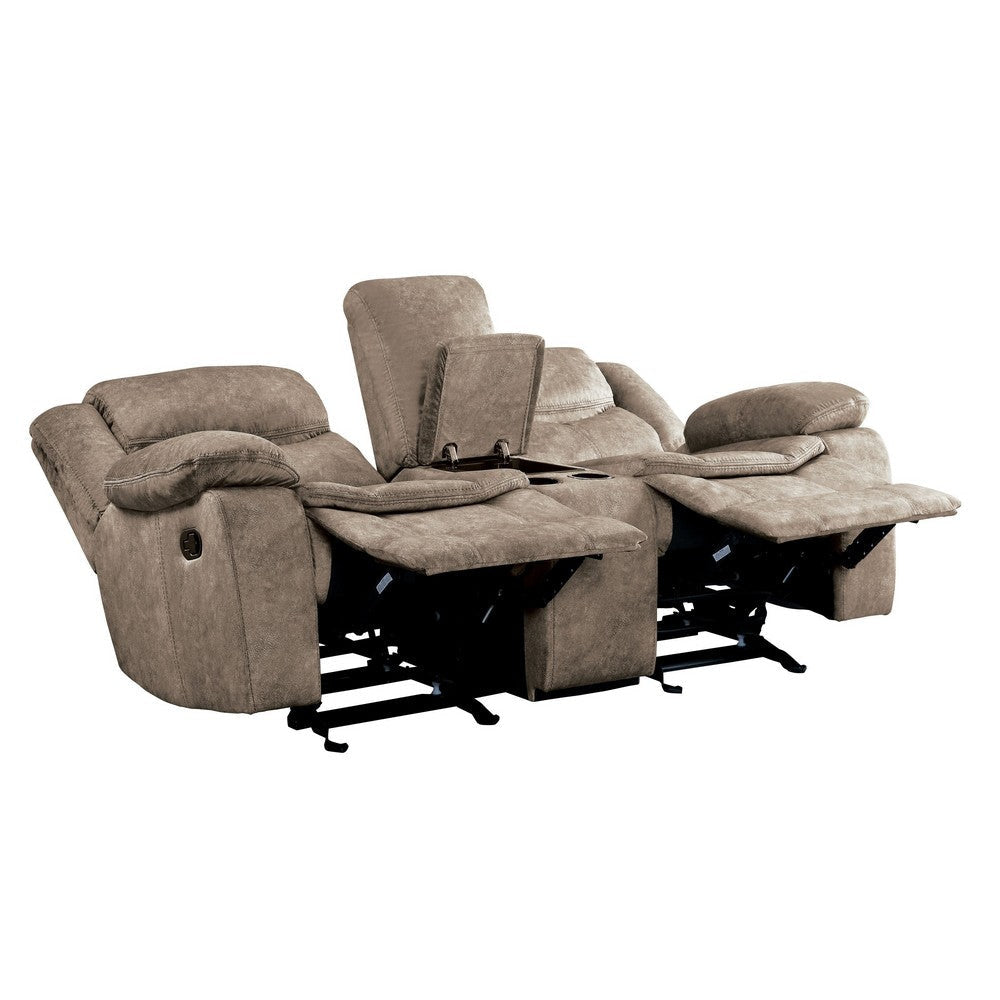 Joe 79 Inch Manual Dual Glider Recliner Loveseat Console Brown Microfiber By Casagear Home BM314827