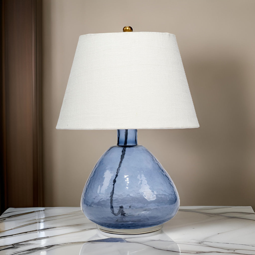 Navi 17 Inch Table Lamp White Linen Drum Shade Blue Glass Curved Body By Casagear Home BM314838