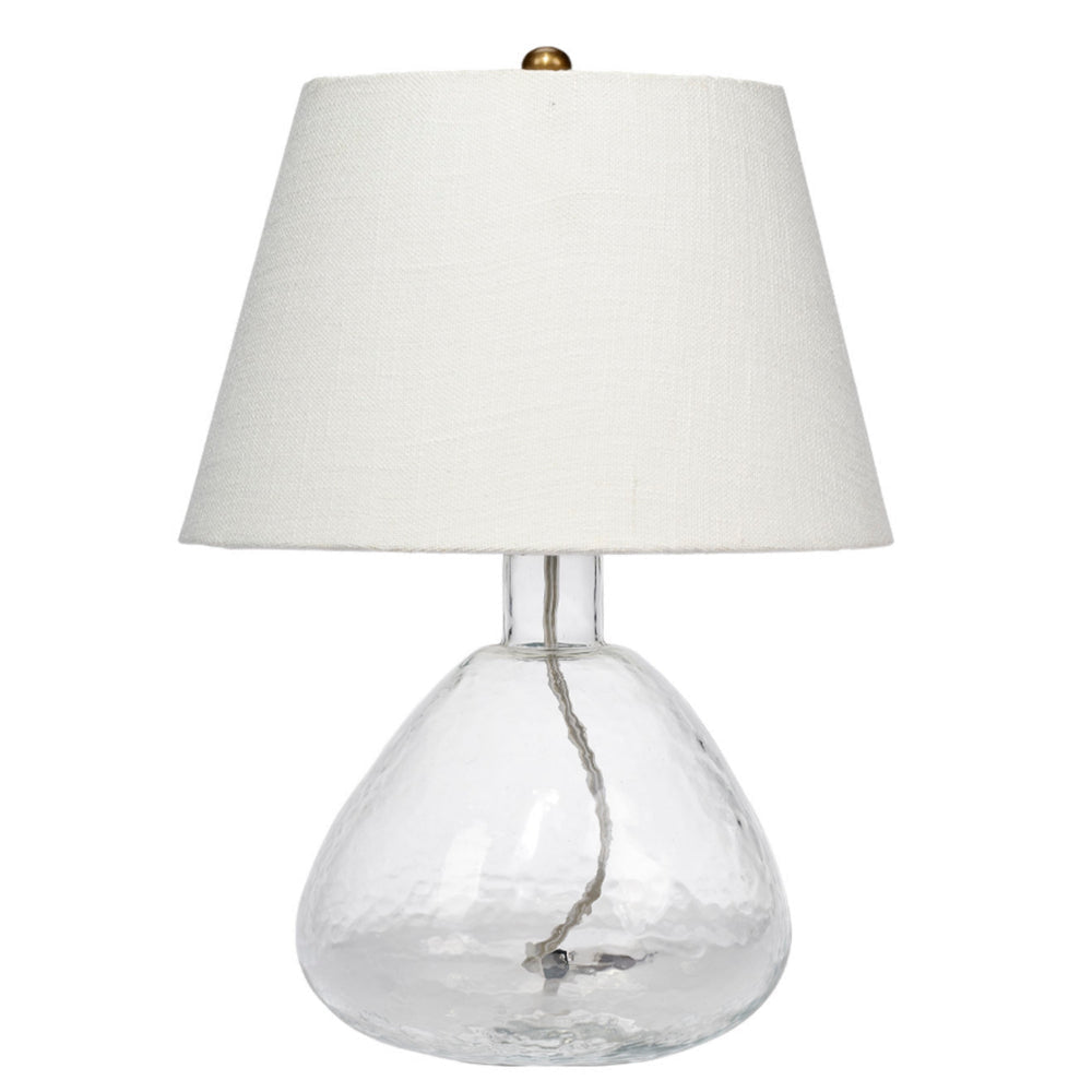 Navi 17 Inch Table Lamp, White Linen Drum Shade, Clear Glass Curved Body By Casagear Home