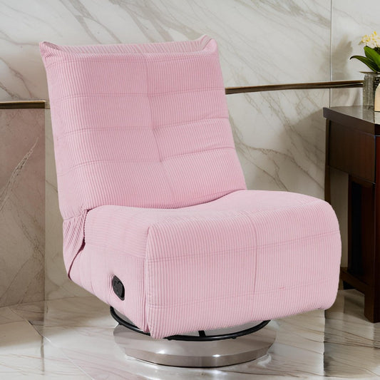 Gea 35 Inch Swivel Recliner Chair, Tufted, Pink Corduroy, Solid Wood By Casagear Home