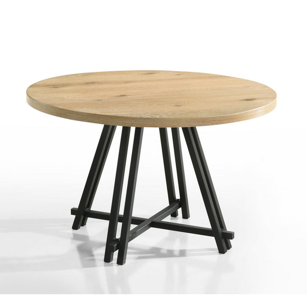 Tete 47 Inch Dining Table Solid Brown Wood Round Top Black Metal Base By Casagear Home BM314852