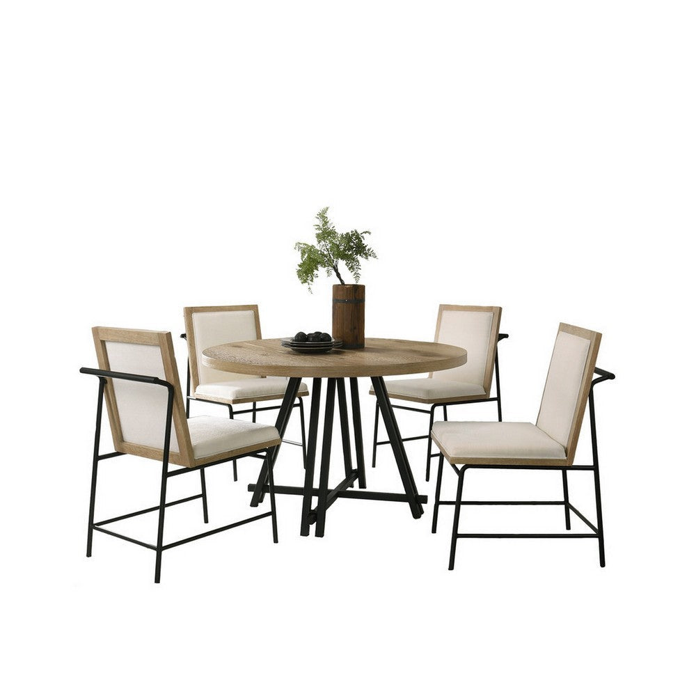 Tete Dining Table Set with 4 Chairs, Solid Wood Round Top, Black Metal Base By Casagear Home