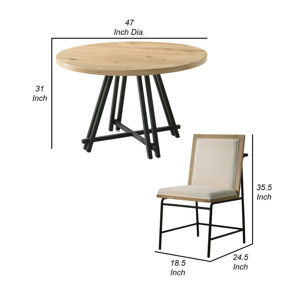 Tete Dining Table Set with 4 Chairs Solid Wood Round Top Black Metal Base By Casagear Home BM314853