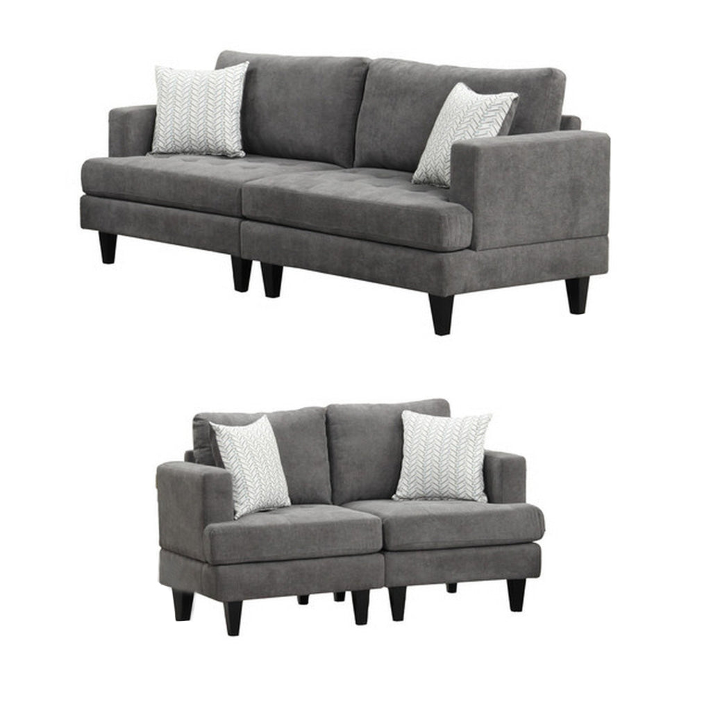 Lae 2 Piece Sofa and Loveseat Set 4 Throw Pillows Tufted Gray Chenille By Casagear Home BM314857