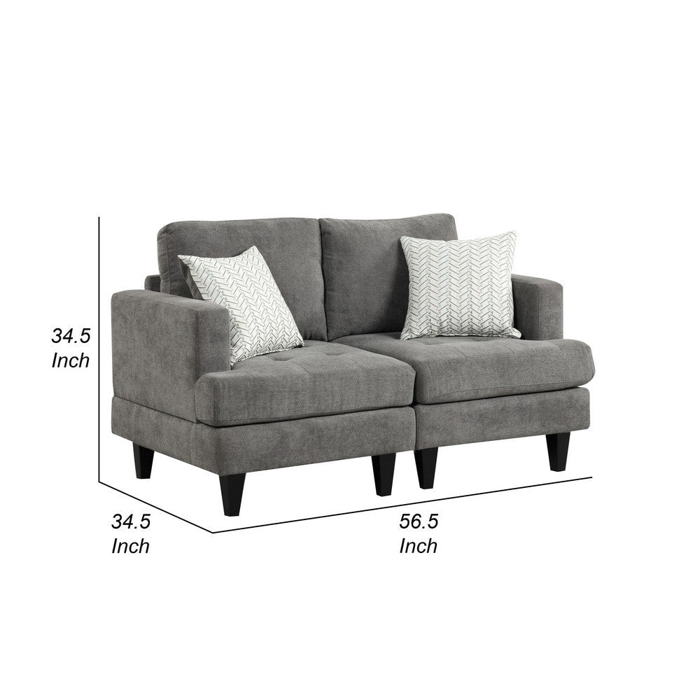 Lae 57 Inch Loveseat with 2 Throw Pillows Tufted Gray Chenille Upholstery By Casagear Home BM314859