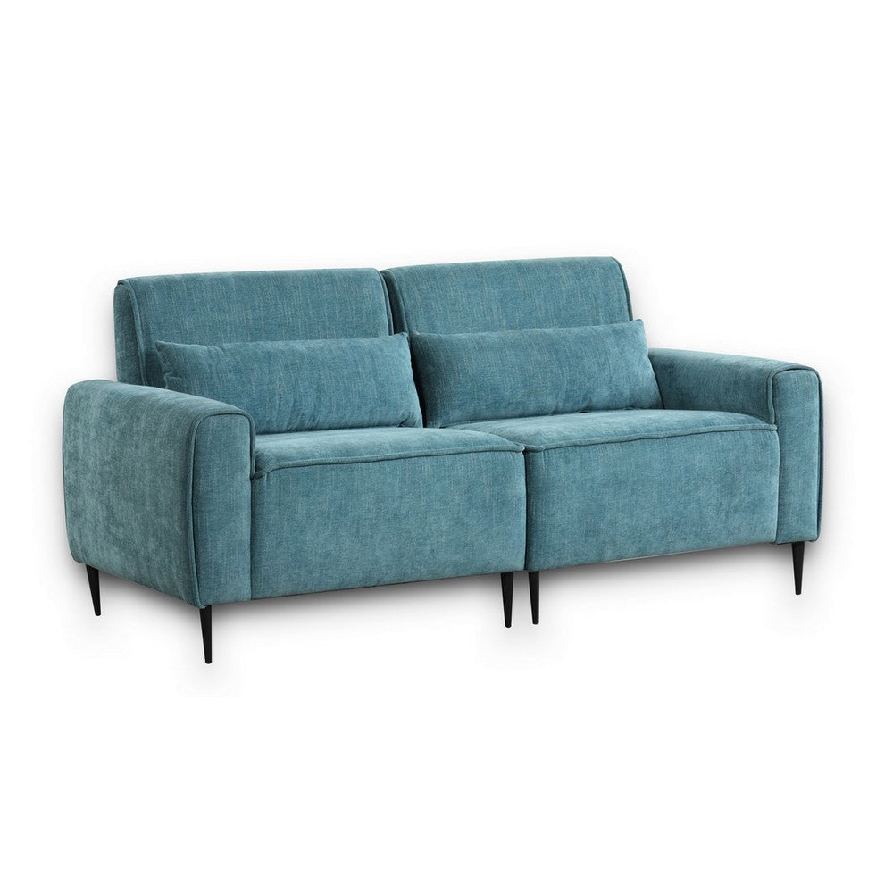 Tiu 74 Inch Sofa with 2 Lumbar Pillows, Blue Chenille, Metal, Solid Wood By Casagear Home