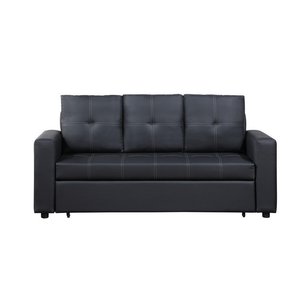 Ian 73 Inch Sleeper Sofa Tufted Seats Black Faux Leather Solid Wood By Casagear Home BM314870