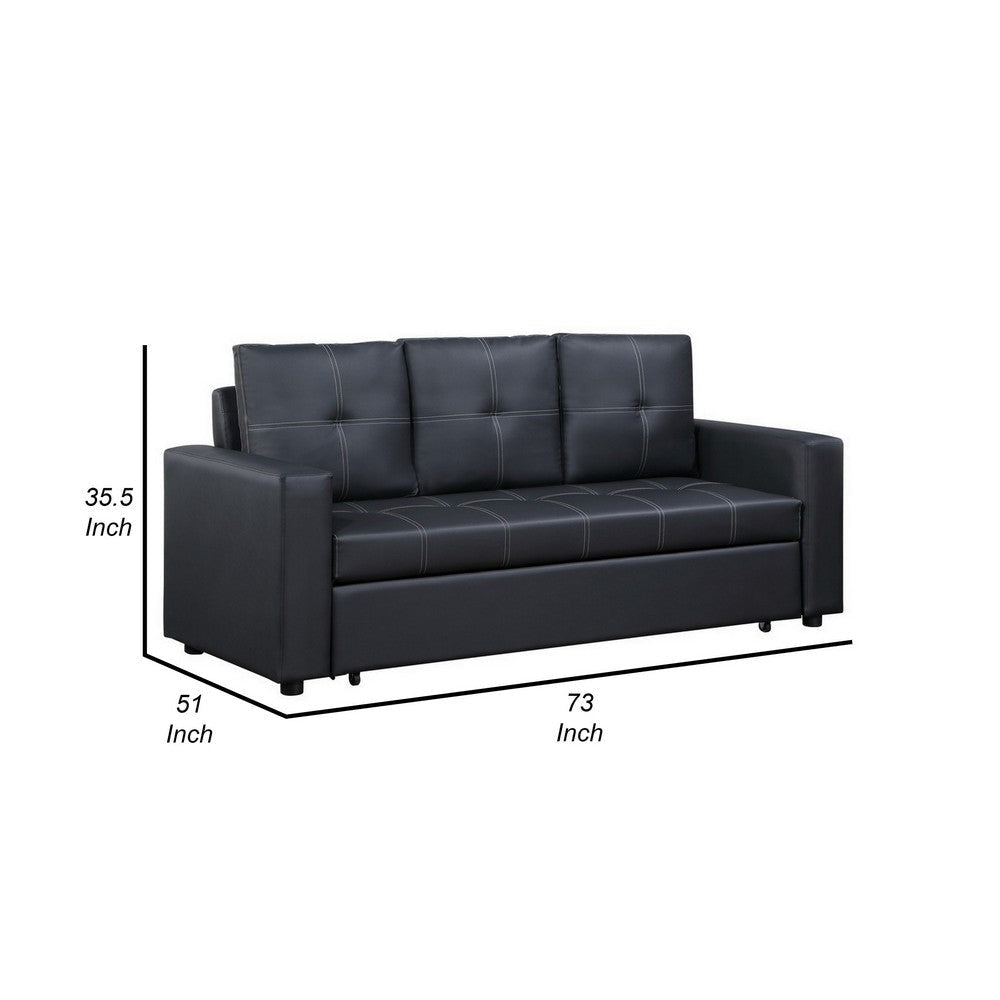 Ian 73 Inch Sleeper Sofa Tufted Seats Black Faux Leather Solid Wood By Casagear Home BM314870