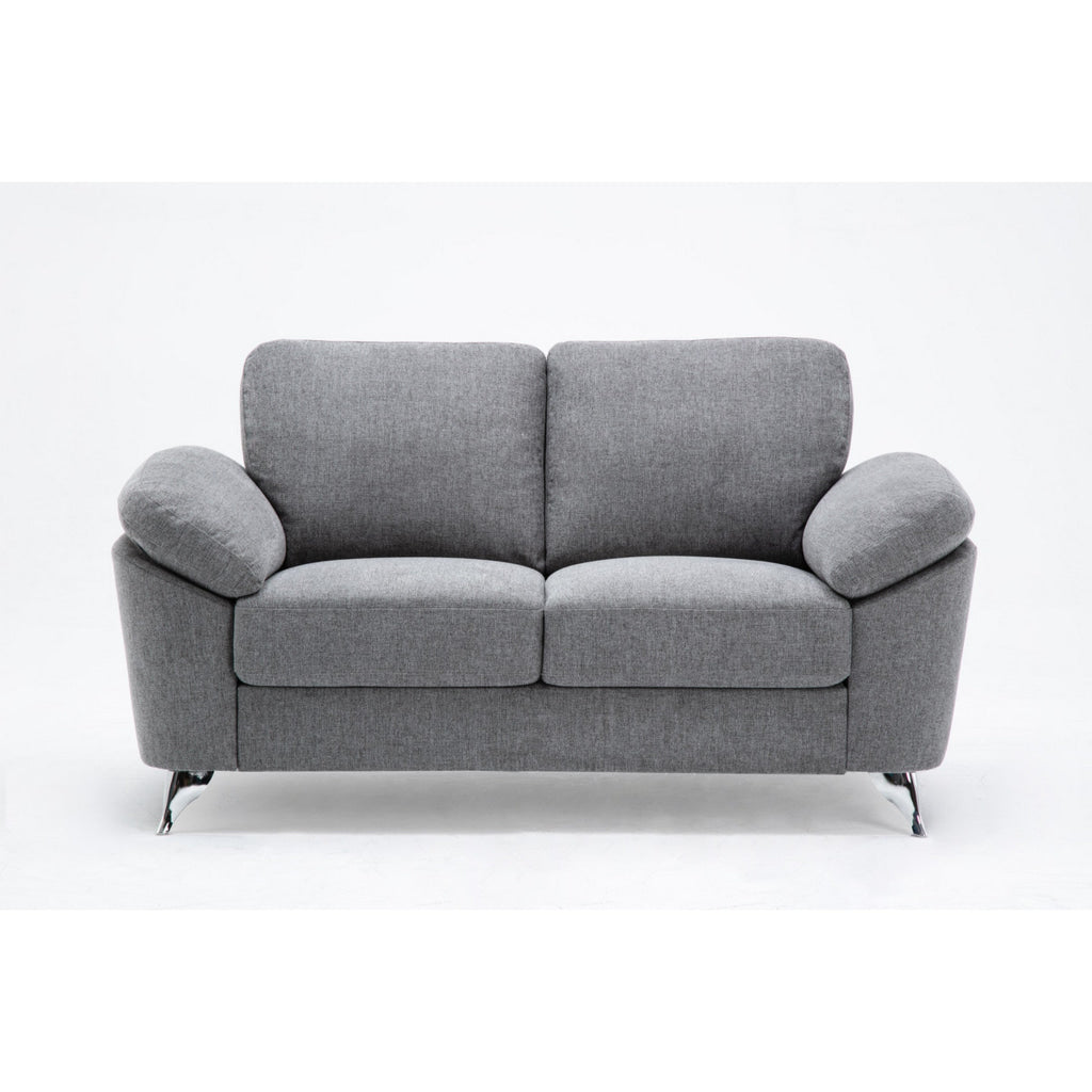 Nel 64 Inch Loveseat with Soft Gray Linen Chrome Metal Legs Solid Wood By Casagear Home BM314878