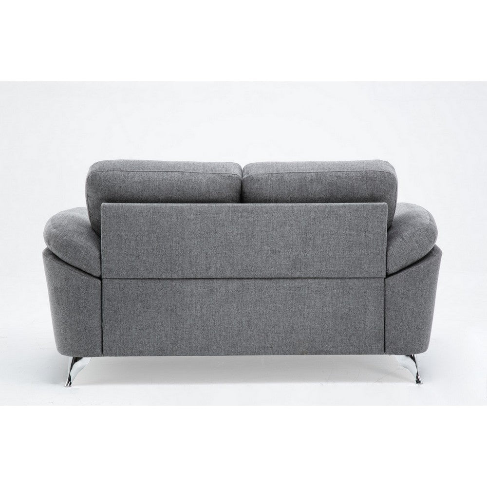 Nel 64 Inch Loveseat with Soft Gray Linen Chrome Metal Legs Solid Wood By Casagear Home BM314878