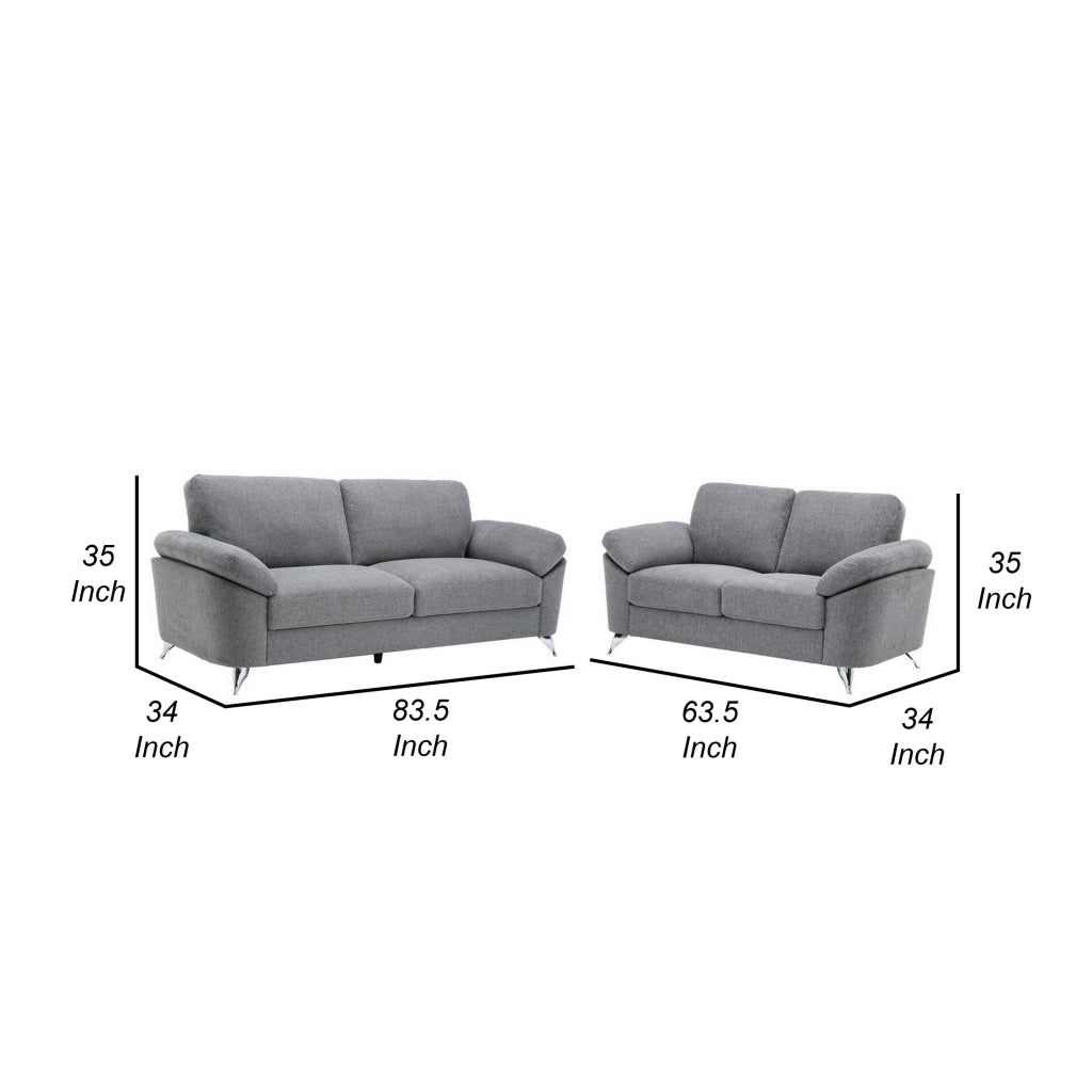 Nel 2 Piece Sofa and Loveseat Set Soft Gray Linen Chrome Solid Wood By Casagear Home BM314880