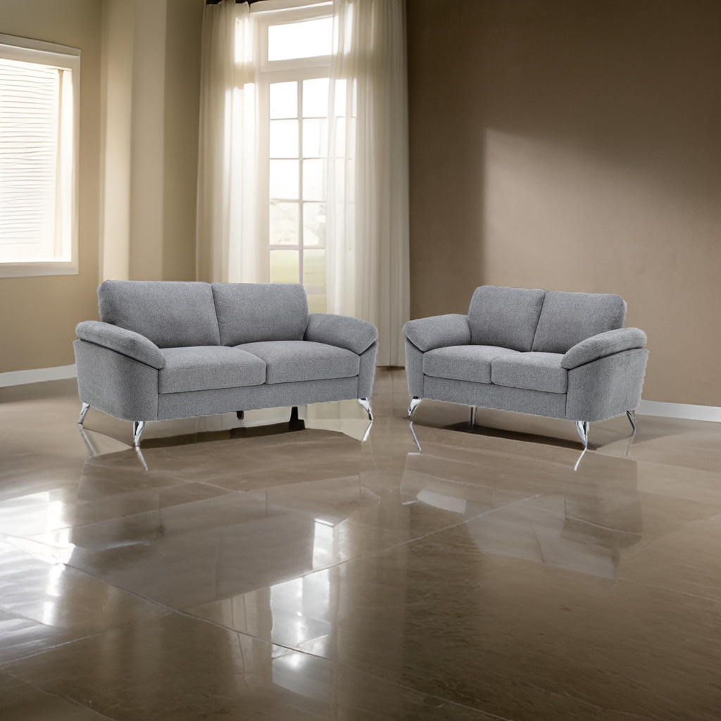 Nel 2 Piece Sofa and Loveseat Set, Soft Gray Linen, Chrome, Solid Wood By Casagear Home